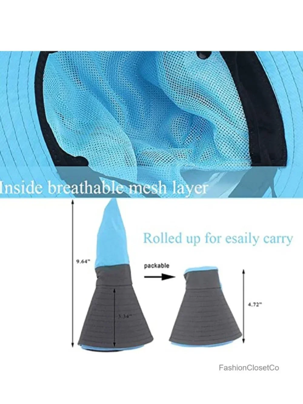 Wide Brim Safari Sun Hat with Ponytail Hole, UPF 50+ Foldable Fishing Hat